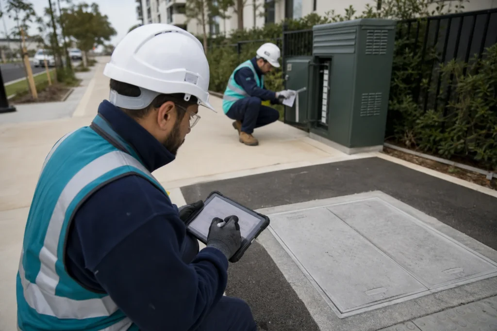 Field engineer checking fibre construction evidence for an accurate As-Built record