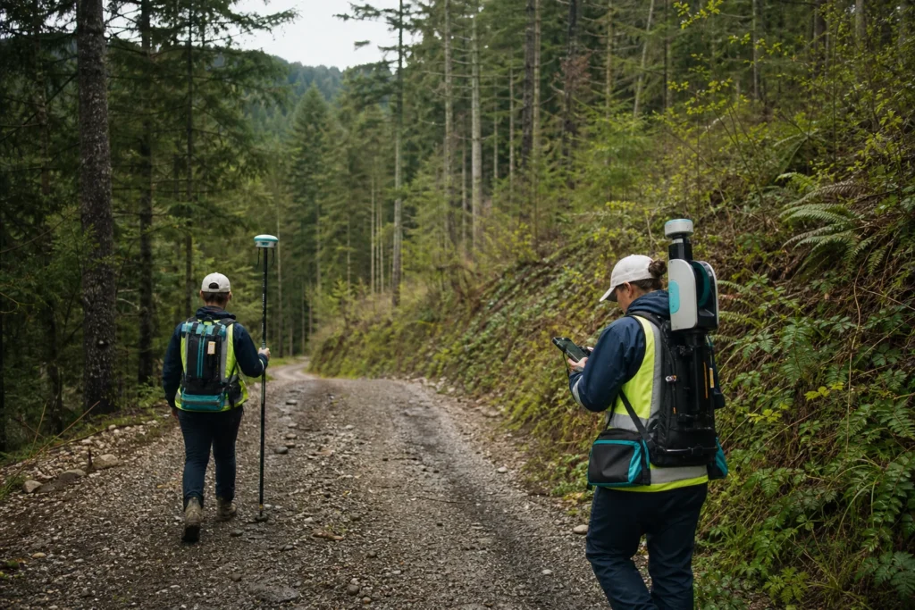Forestry specialist using LiDAR terrain and canopy data during field assessment