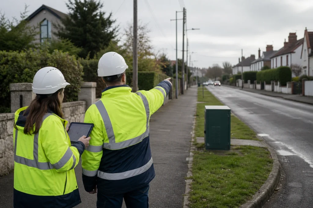 Telecom route-planning team reviewing fibre network geometry and field constraints