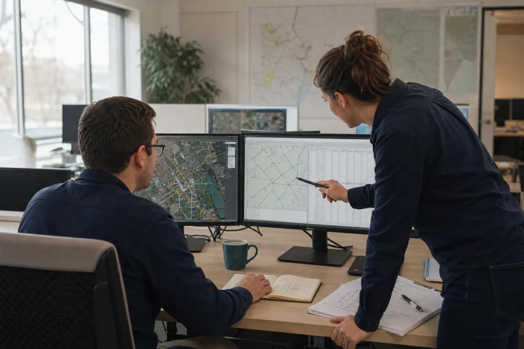 Infrastructure GIS team reviewing mapped assets, exceptions and data quality