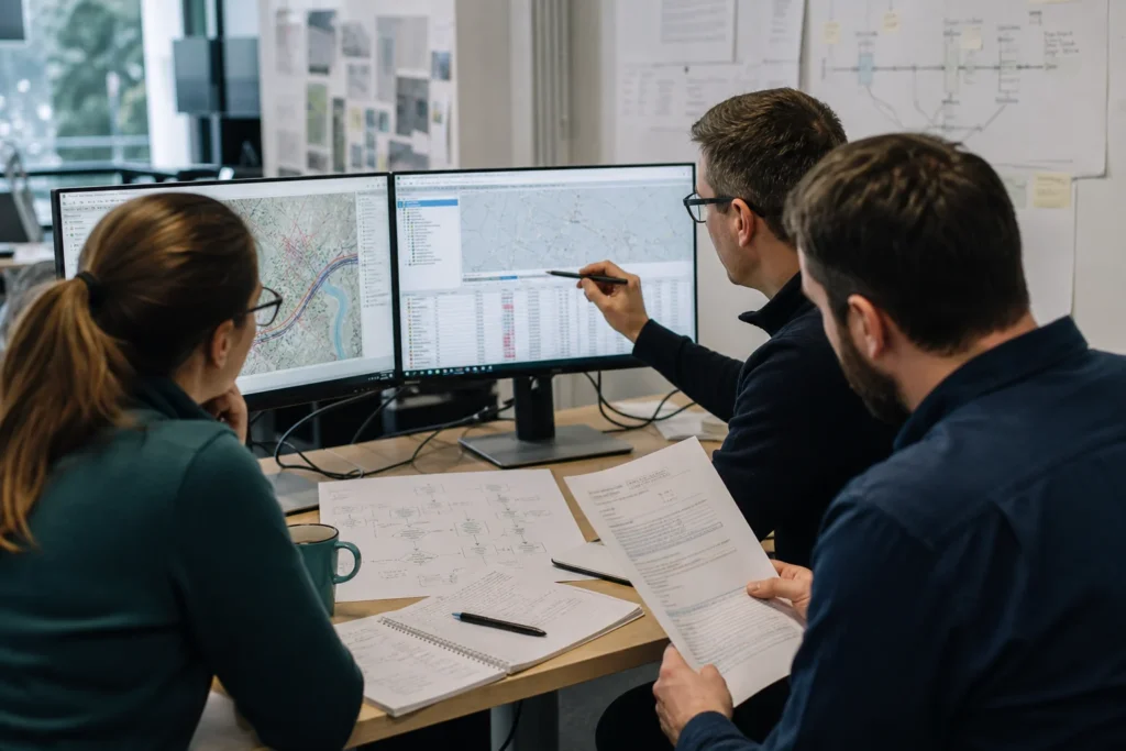 Software engineers reviewing a geospatial automation workflow with human quality controls